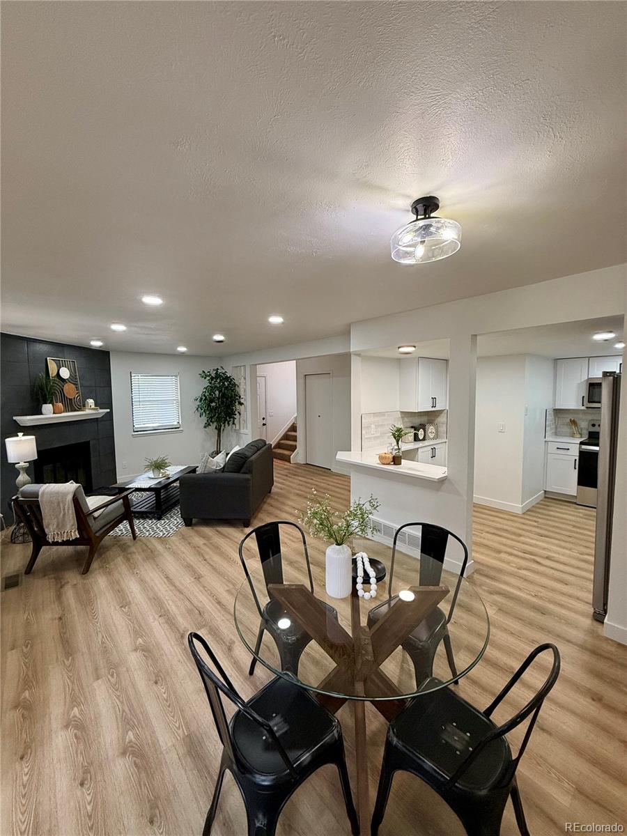 a view of a dining room with furniture