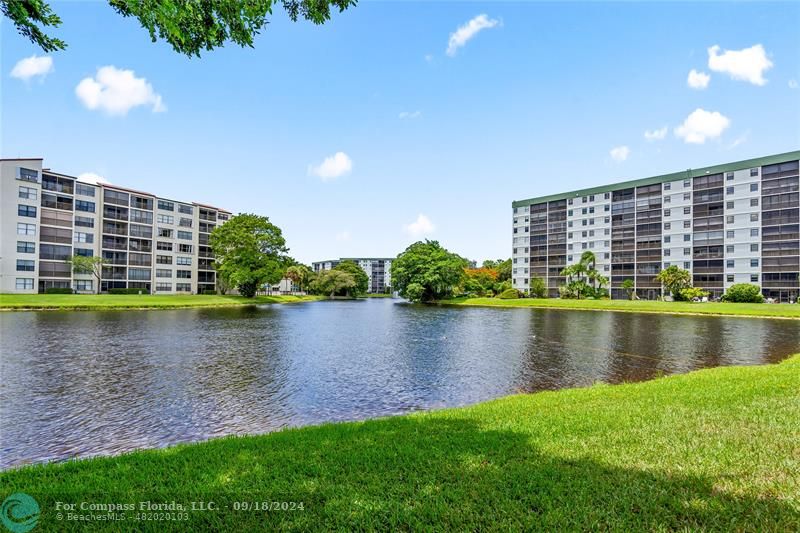 a view of a lake with a building in the background