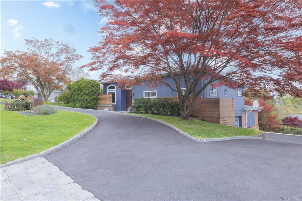 a view of a house with a yard and large trees