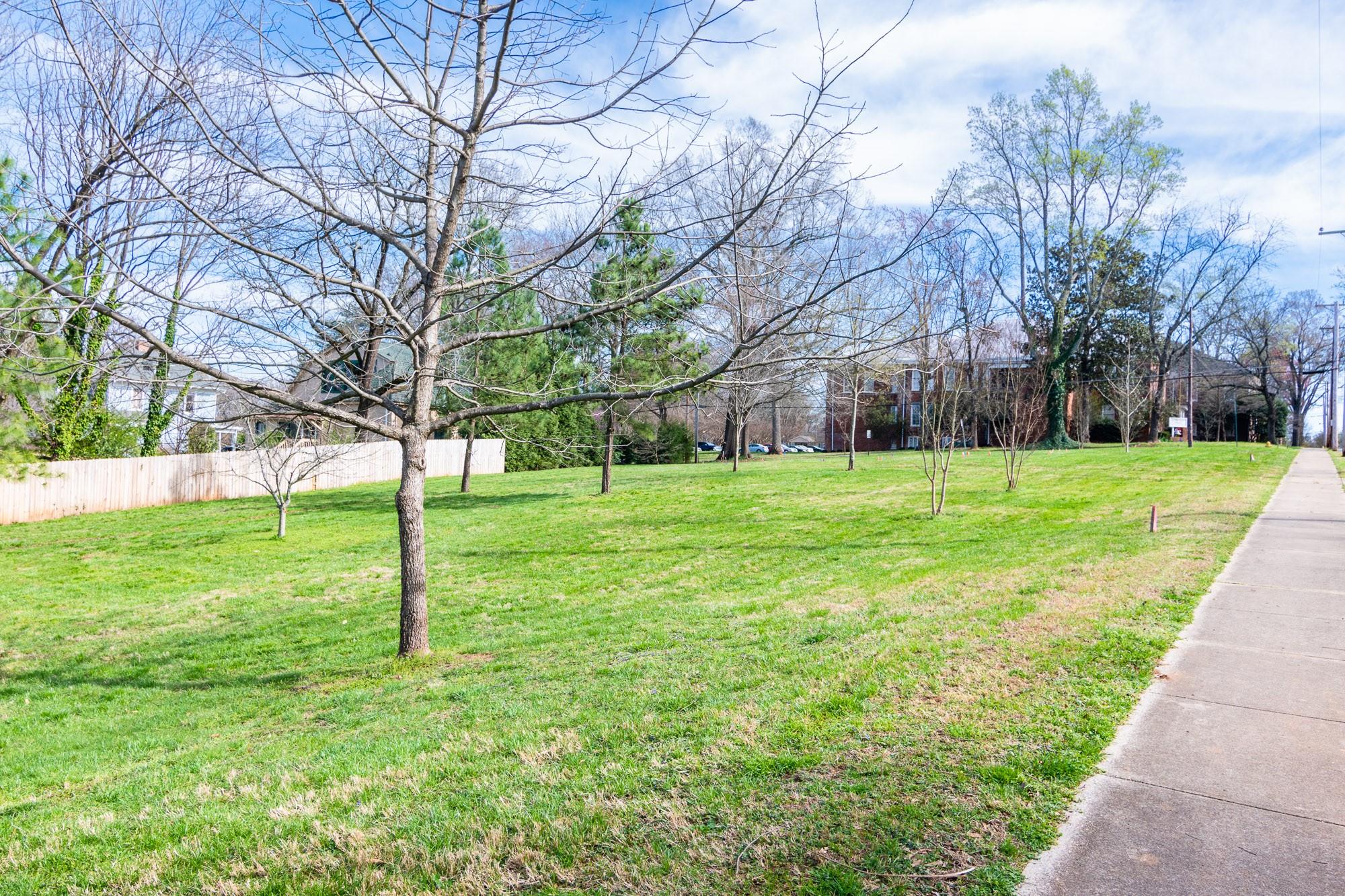 a view of a park with large trees