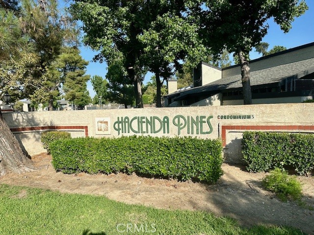 a view of a sign in front of building