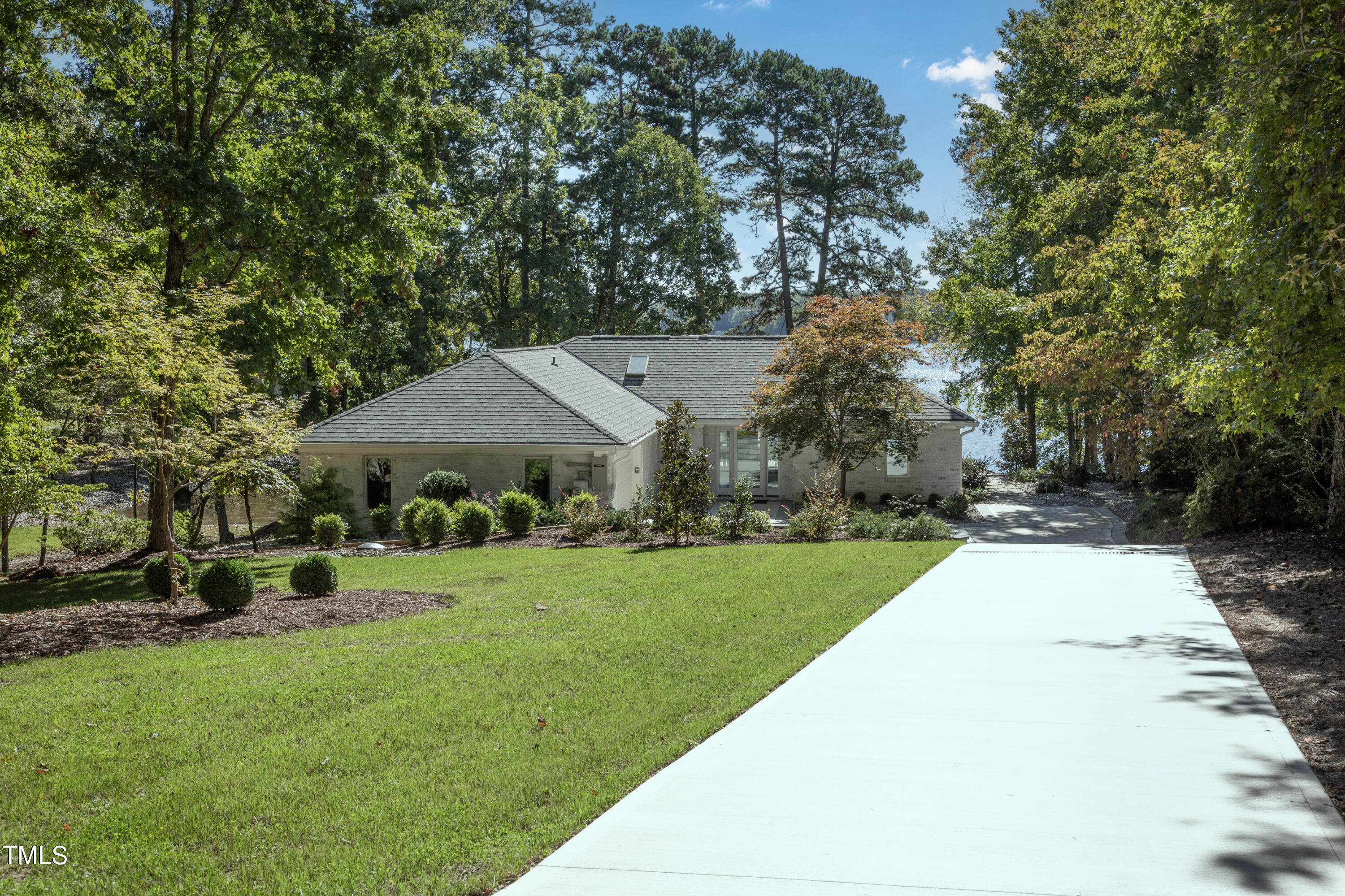 a backyard of a house with plants and large tree