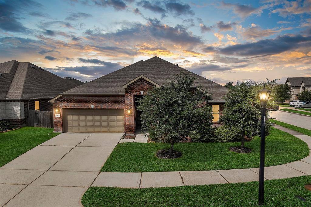 a front view of house with yard and green space