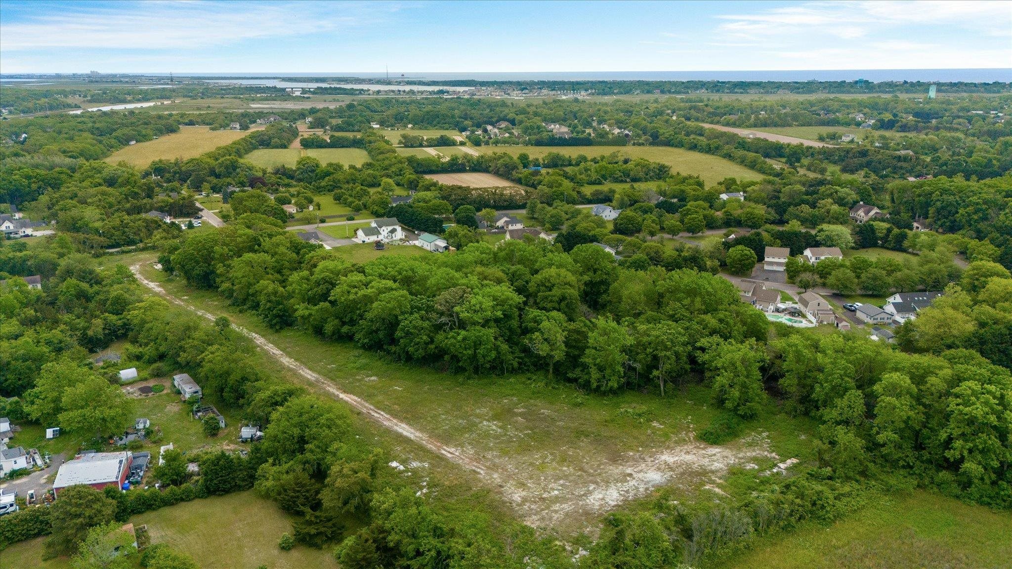 a view of a city with lush green forest