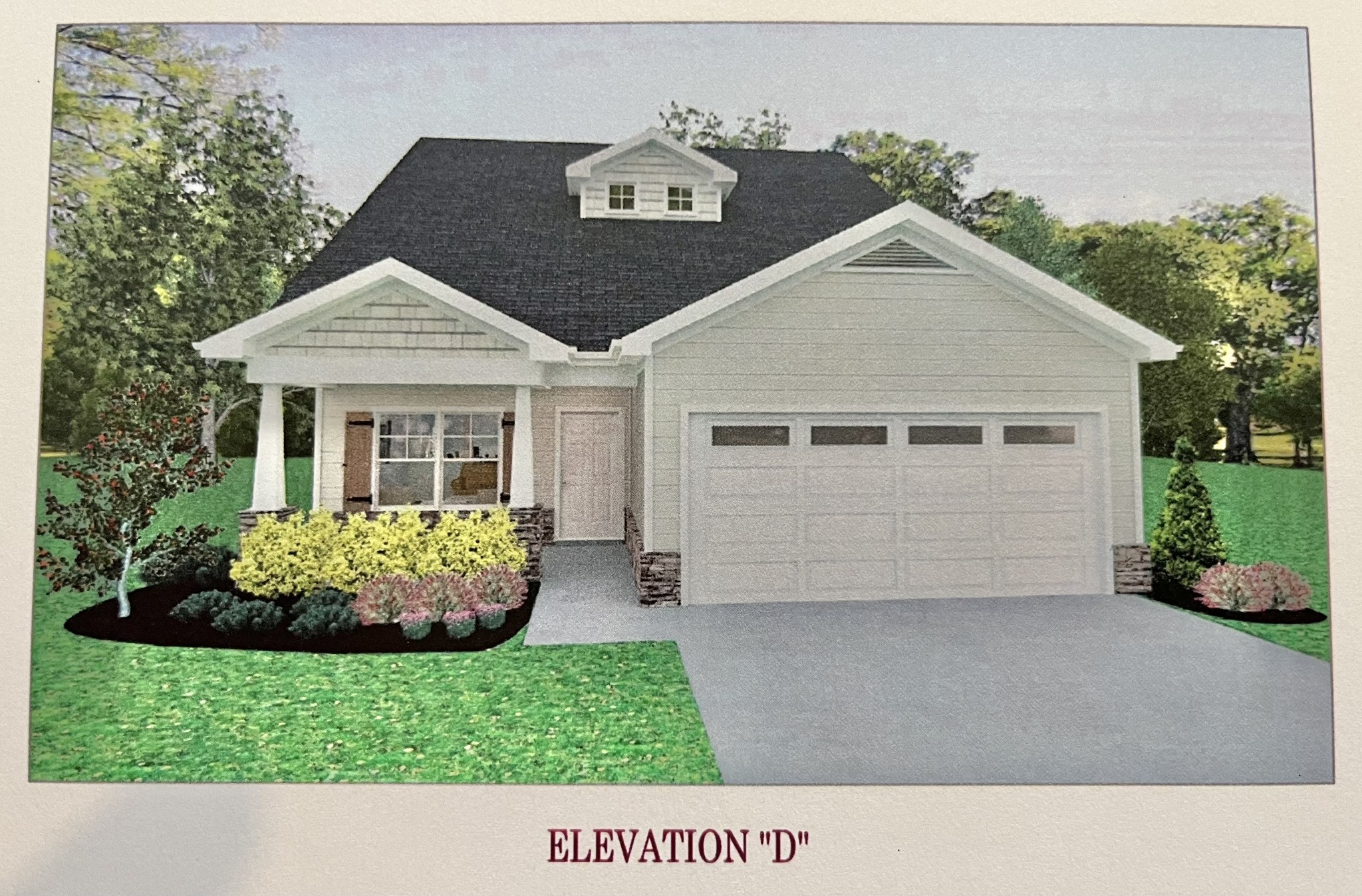 This will be your home's front elevation . Home will feature warm "woodsy" colors of James Hardie fiber cement board. Siding will be Espresso with Timberbark accents and tan stone . You will love the outdoor stone fireplace.