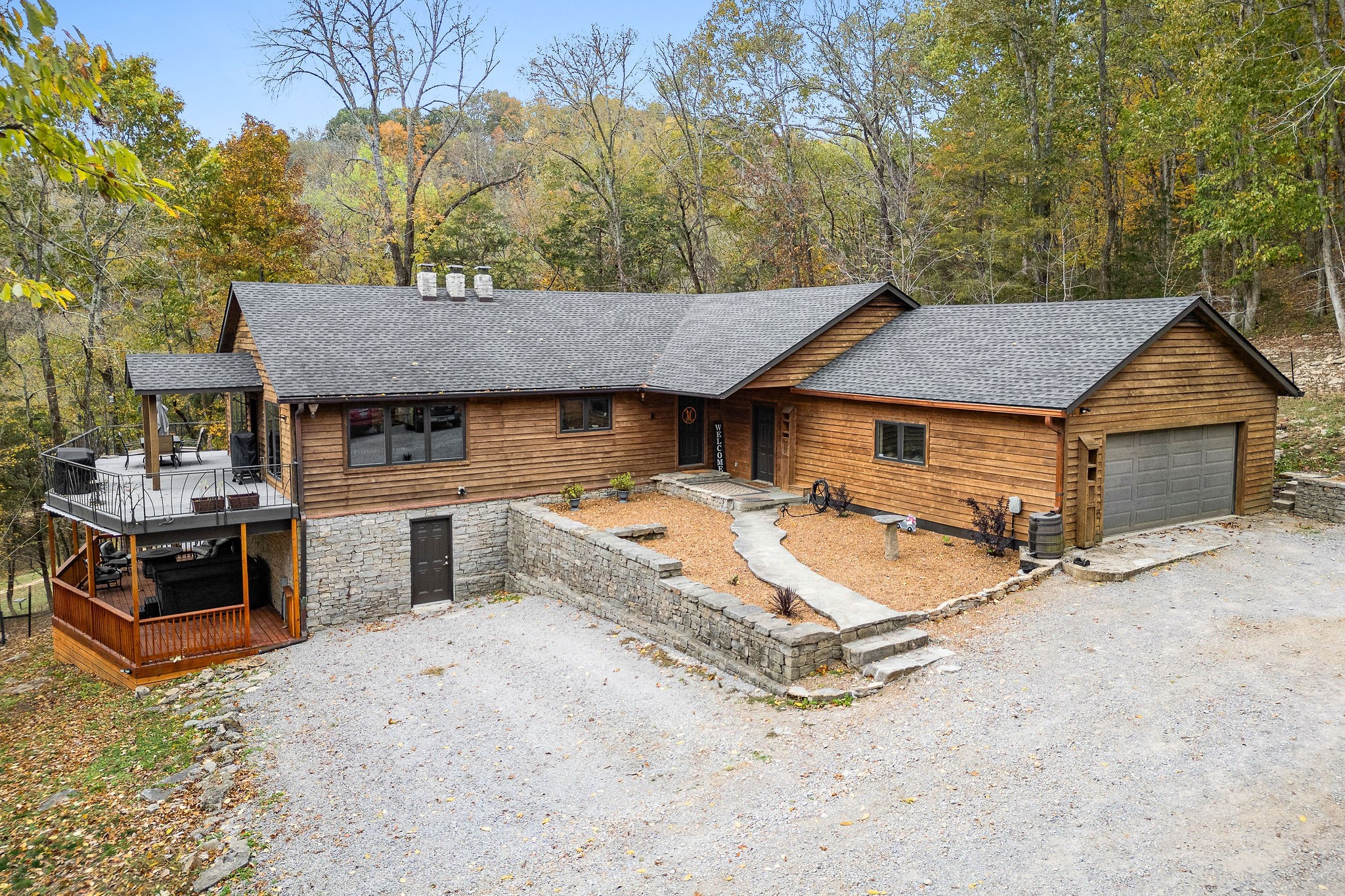 front view of a house with a patio