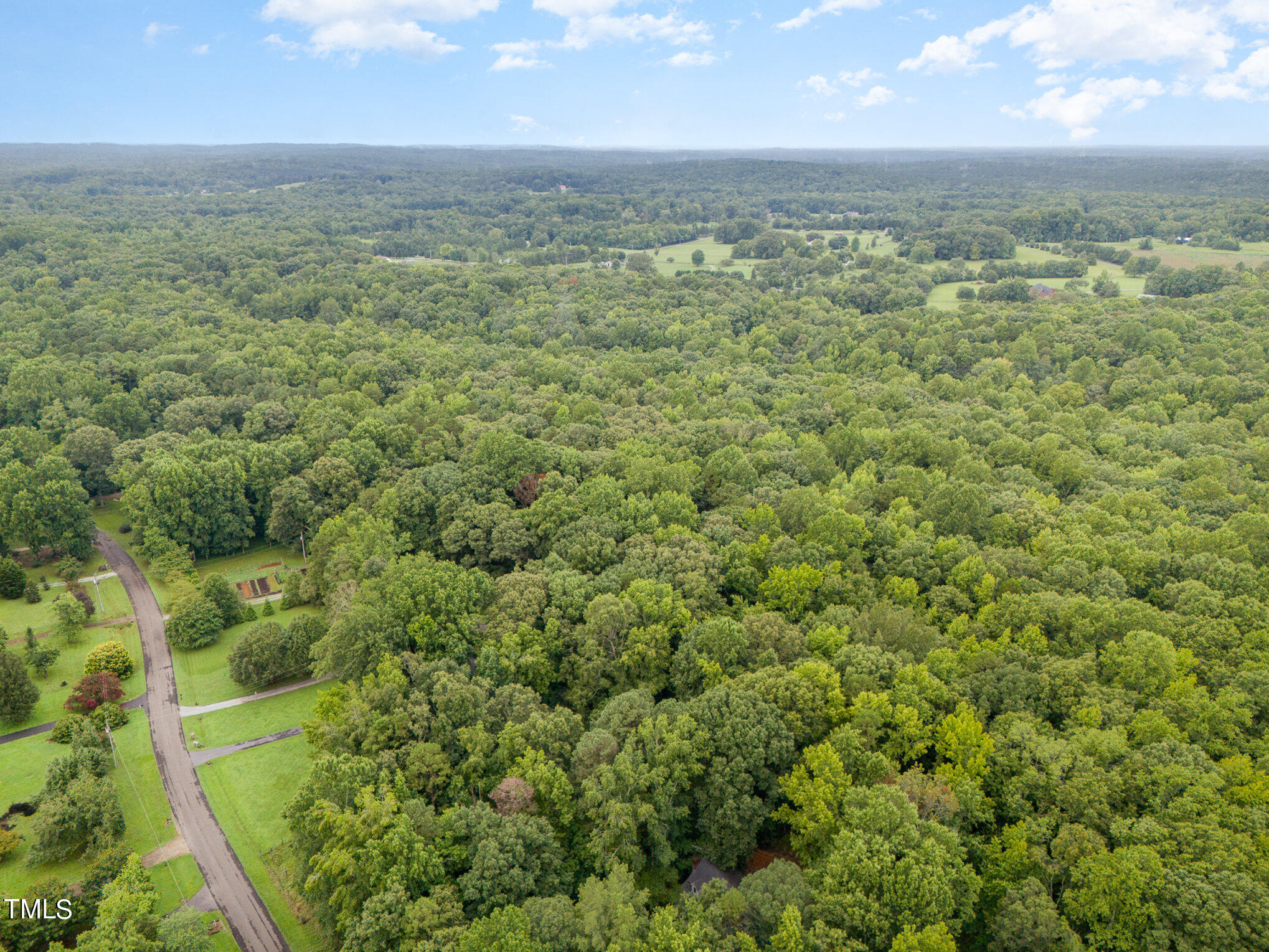 an aerial view of residential houses with outdoor space and trees