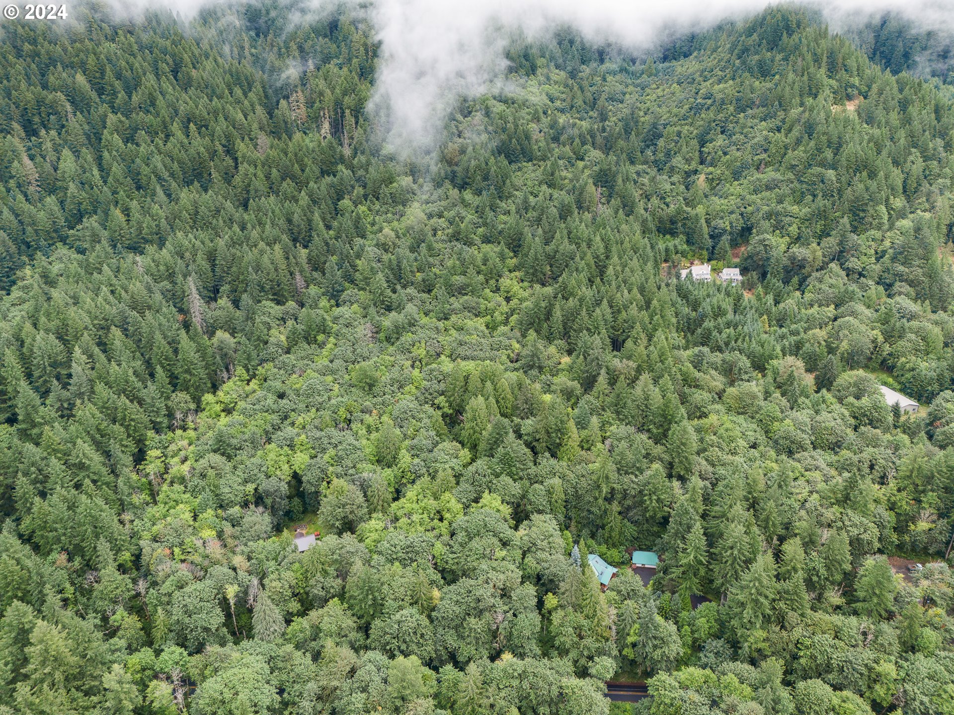 an aerial view of residential house with outdoor space and trees all around