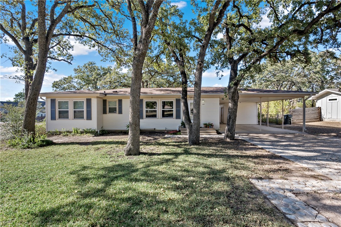 a view of a house with backyard and a tree