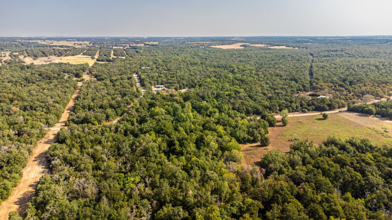 an aerial view of residential houses with outdoor space and trees