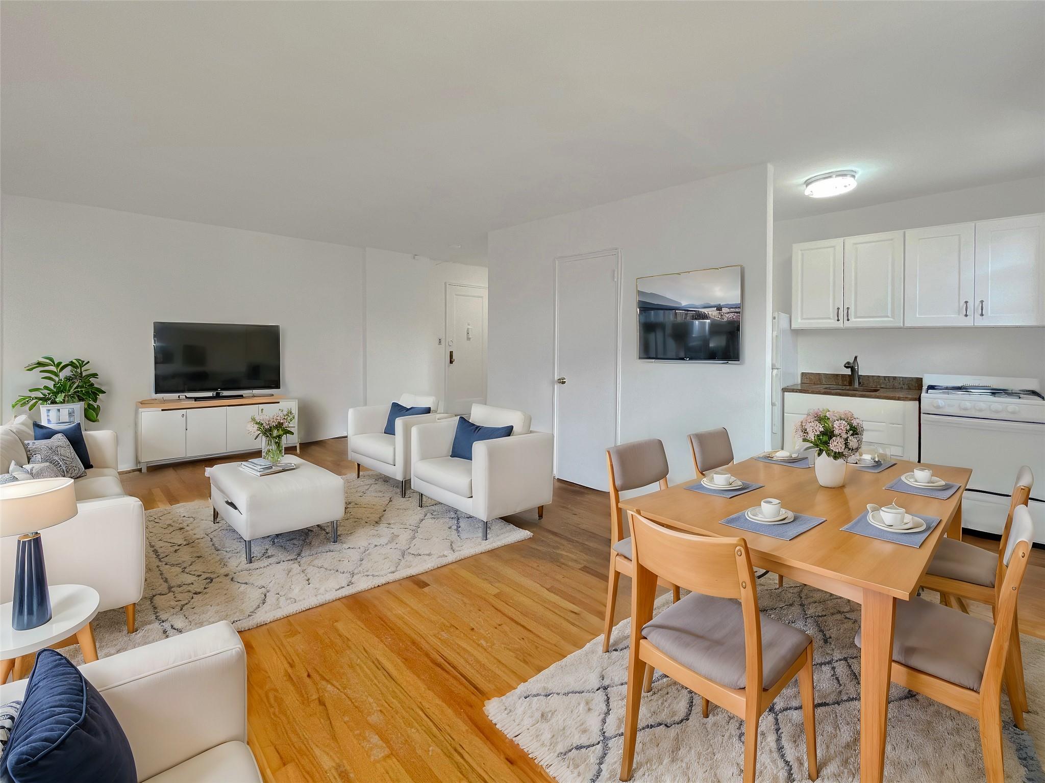 a view of a dining room with furniture