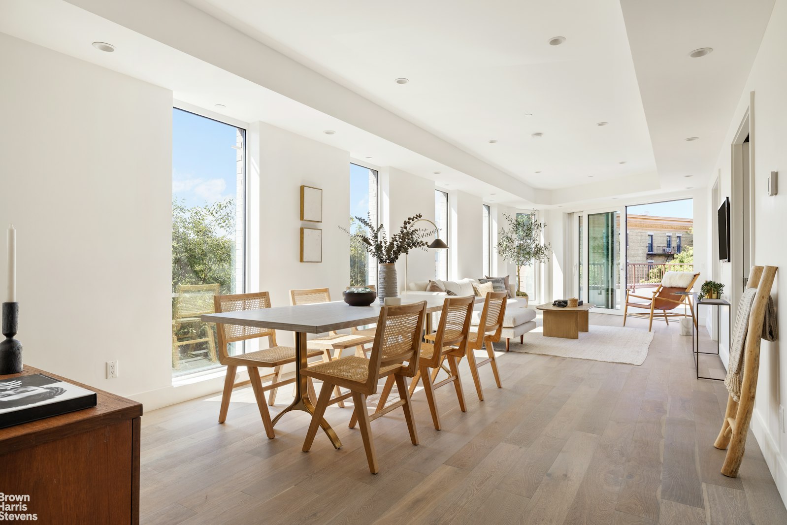 a view of a dining room with furniture and a potted plant