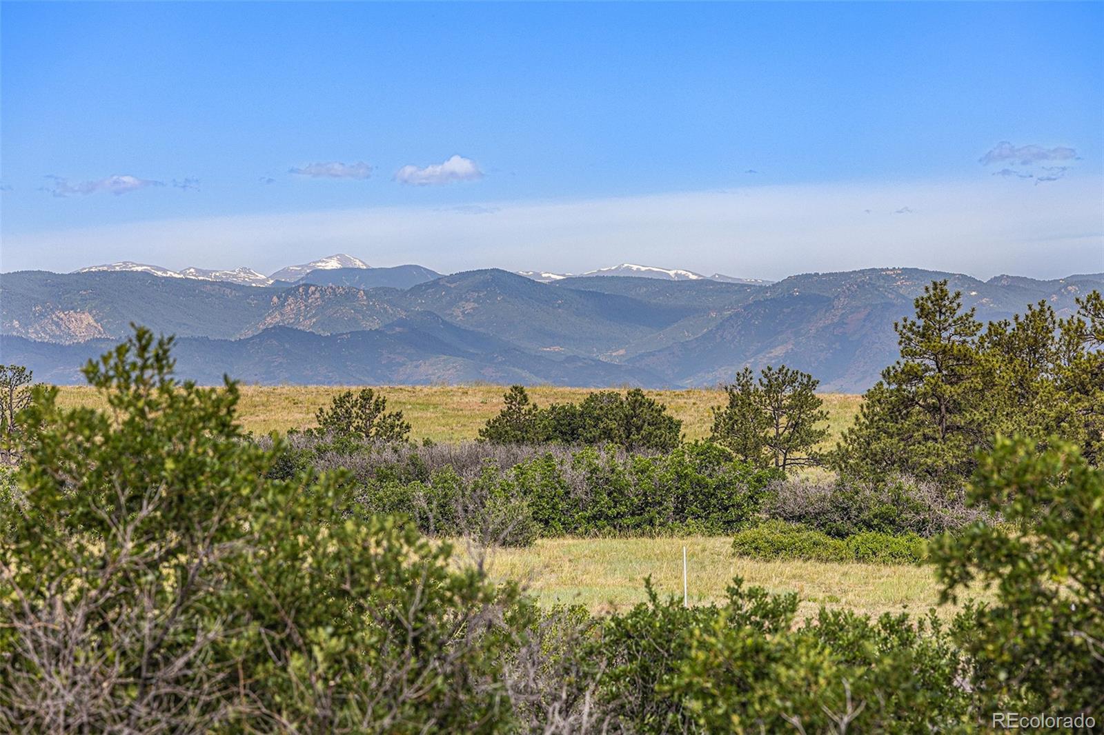 a view of a lush green field with mountains in the background