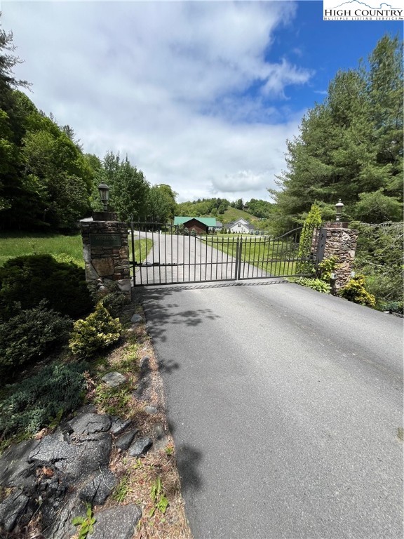 a view of a garden with iron fence