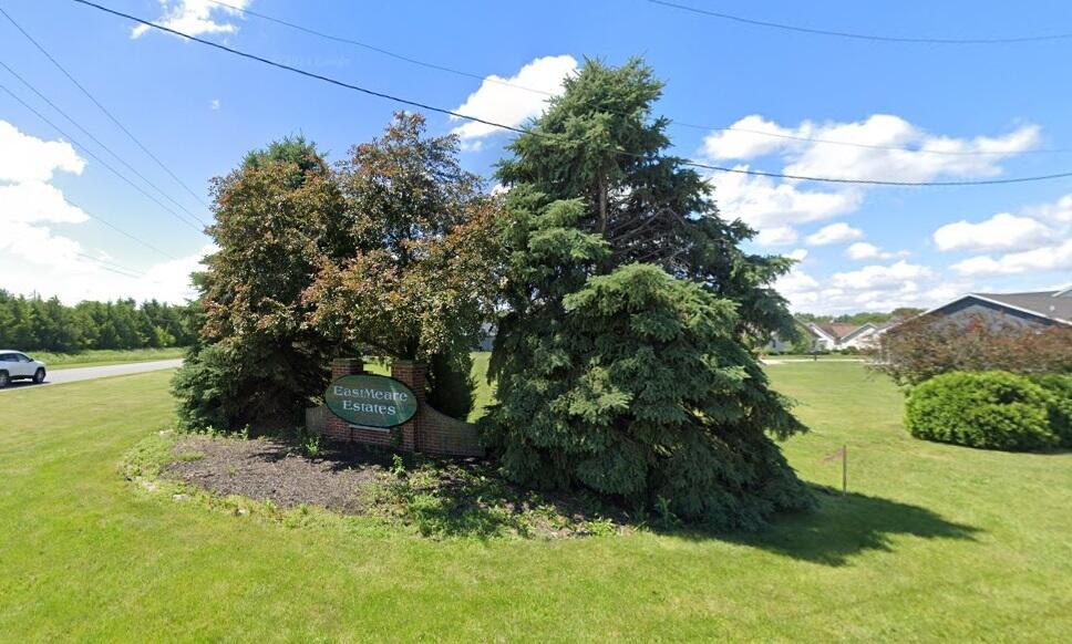 a view of a garden with a building in the background