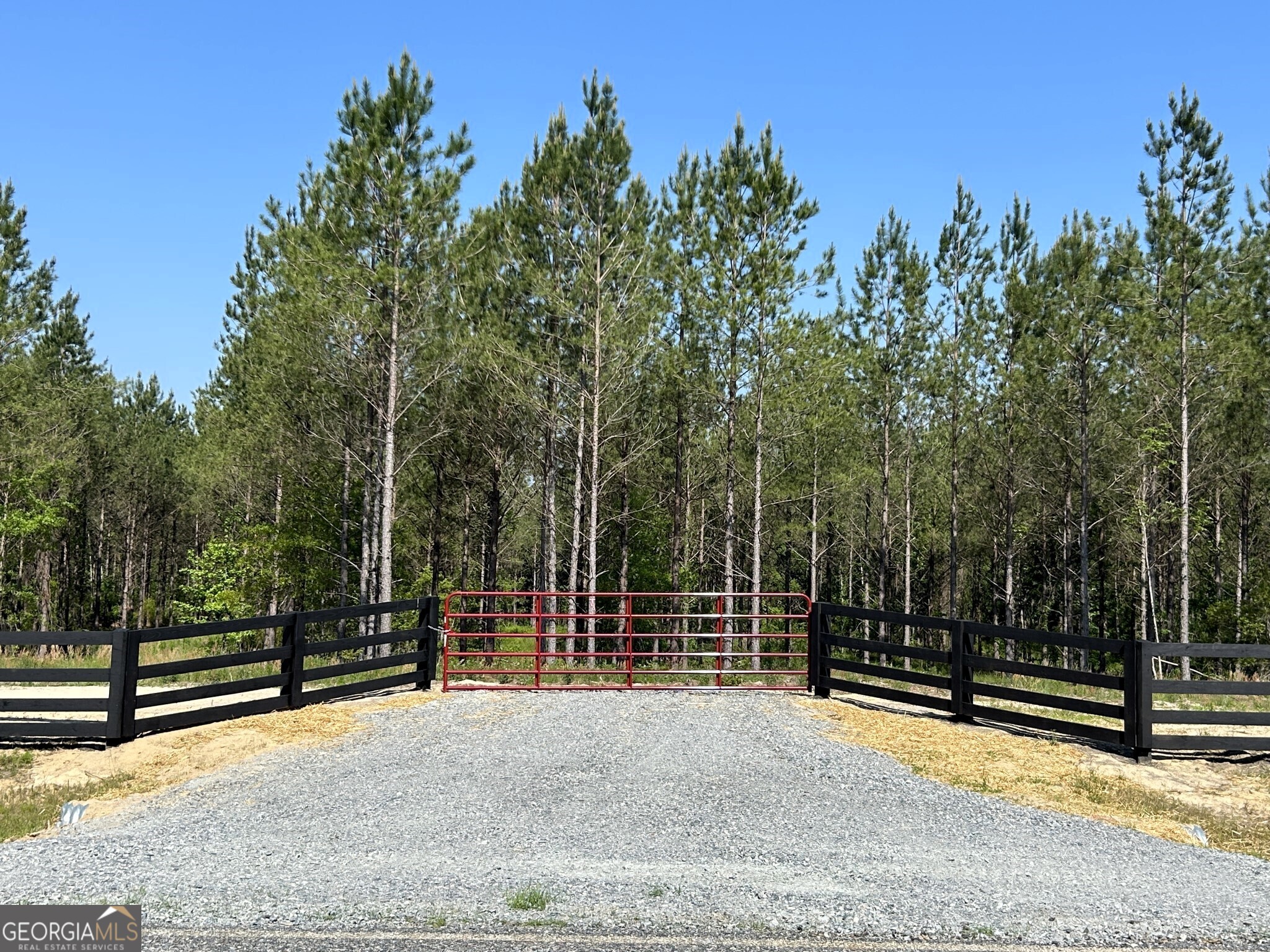 a view of a park with iron fence