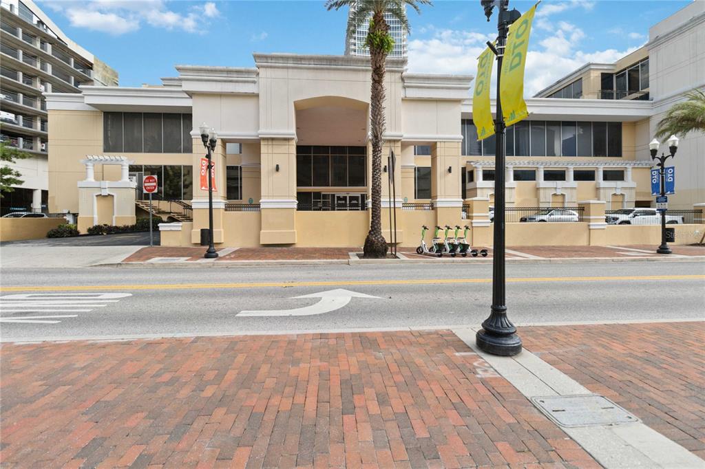 a view of a building with a street