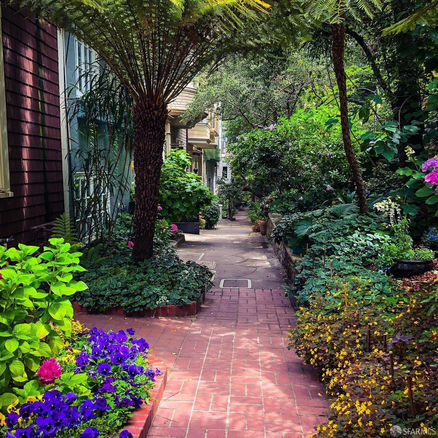 a view of a pathway with flower garden