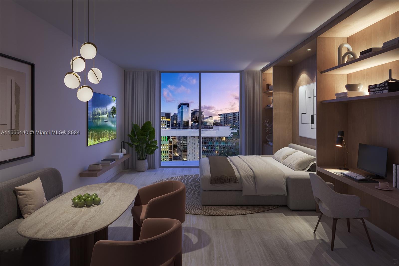 a living room with furniture kitchen view and a large window