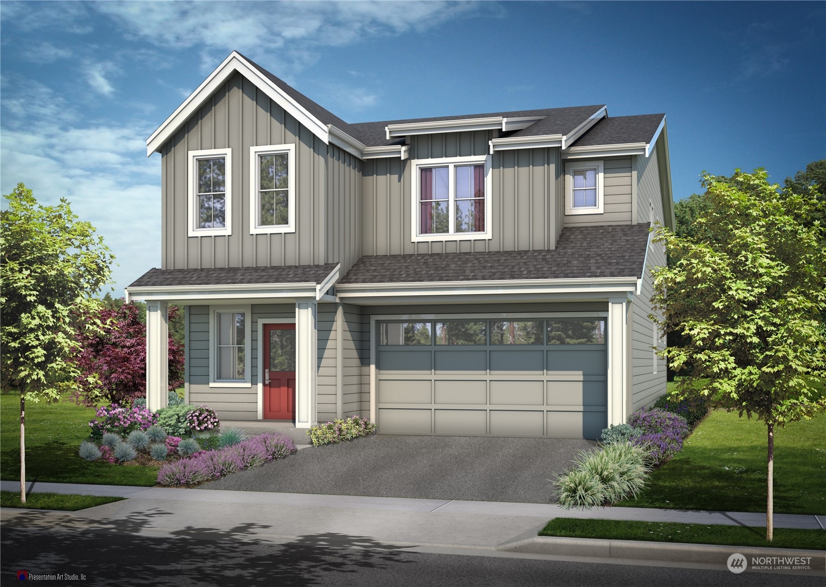 a front view of a house with a yard and garage