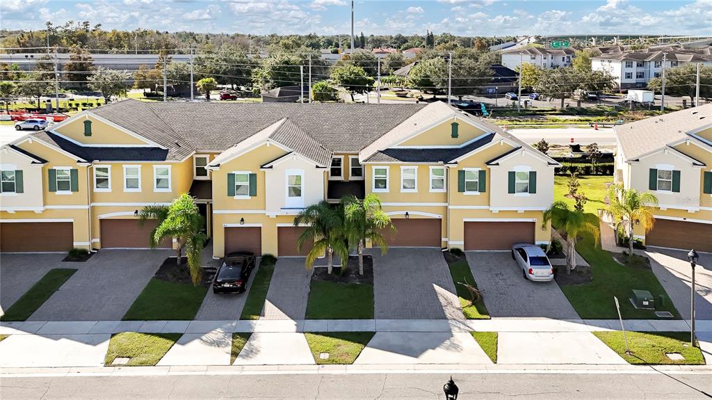 an aerial view of a house with a garden view