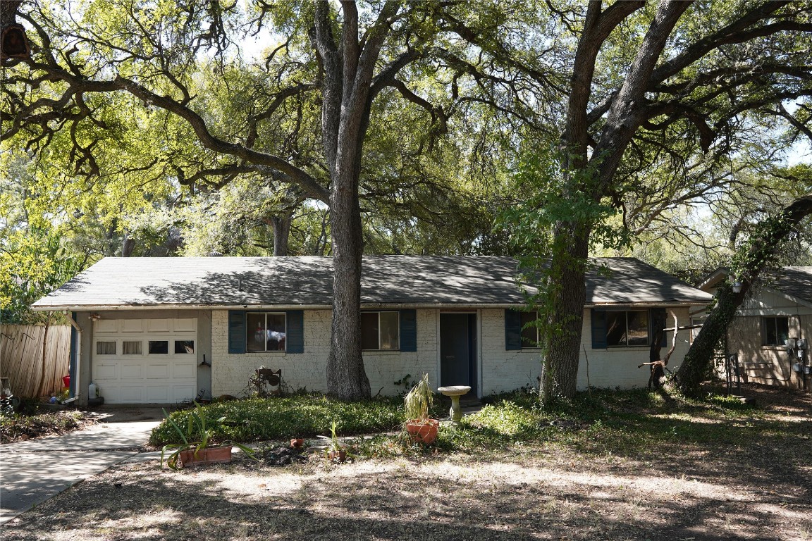 a front view of a house with trees and plants