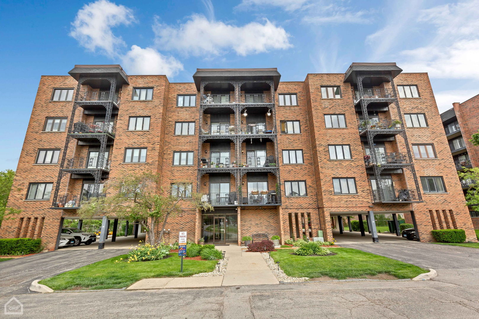 a front view of a multi story building