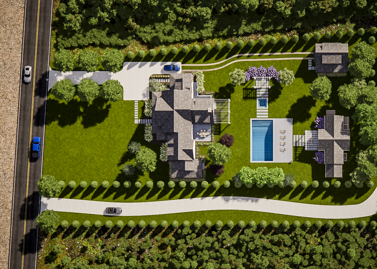 an aerial view of a house with a garden