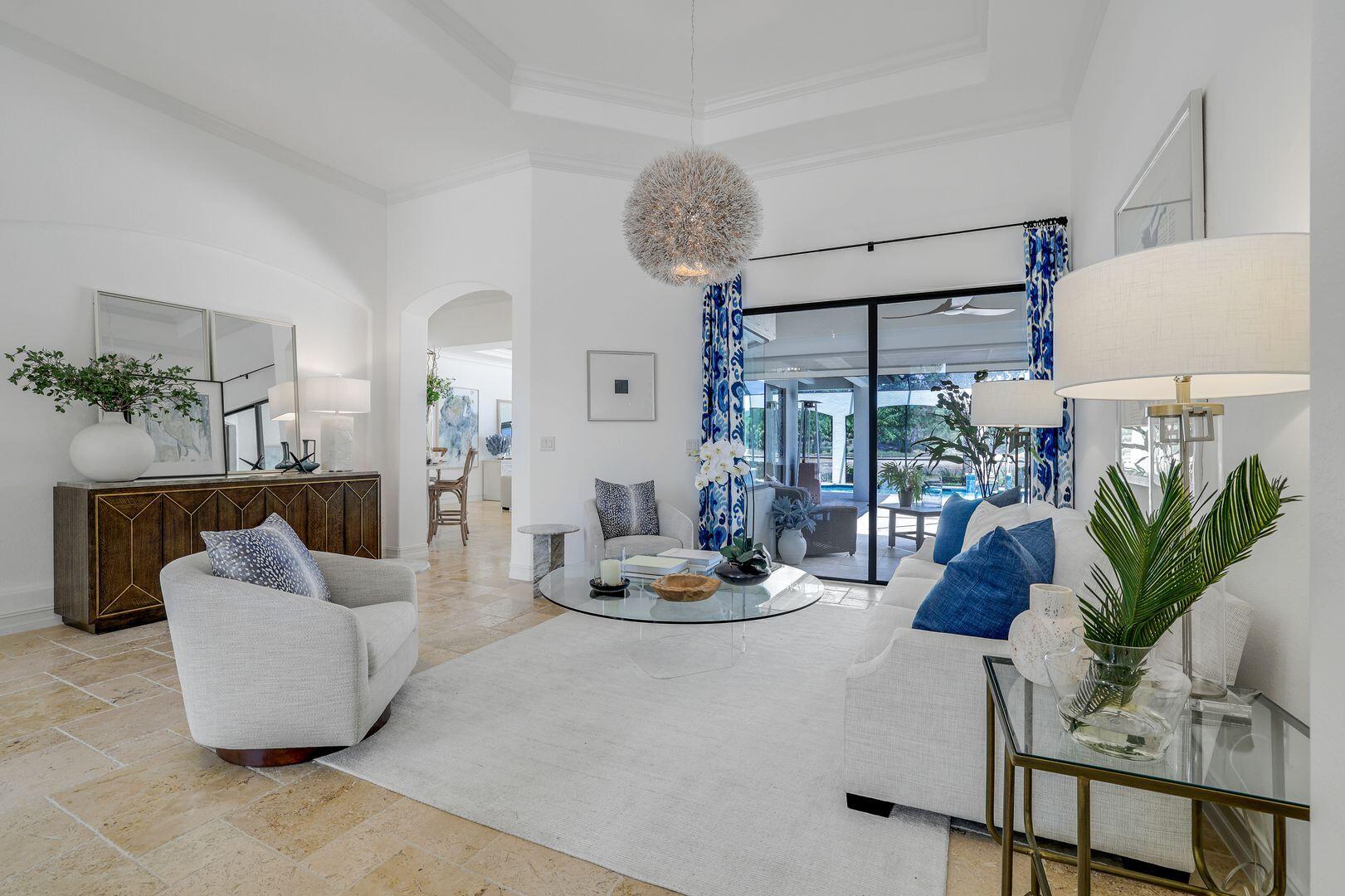 a living room with furniture and a potted plant