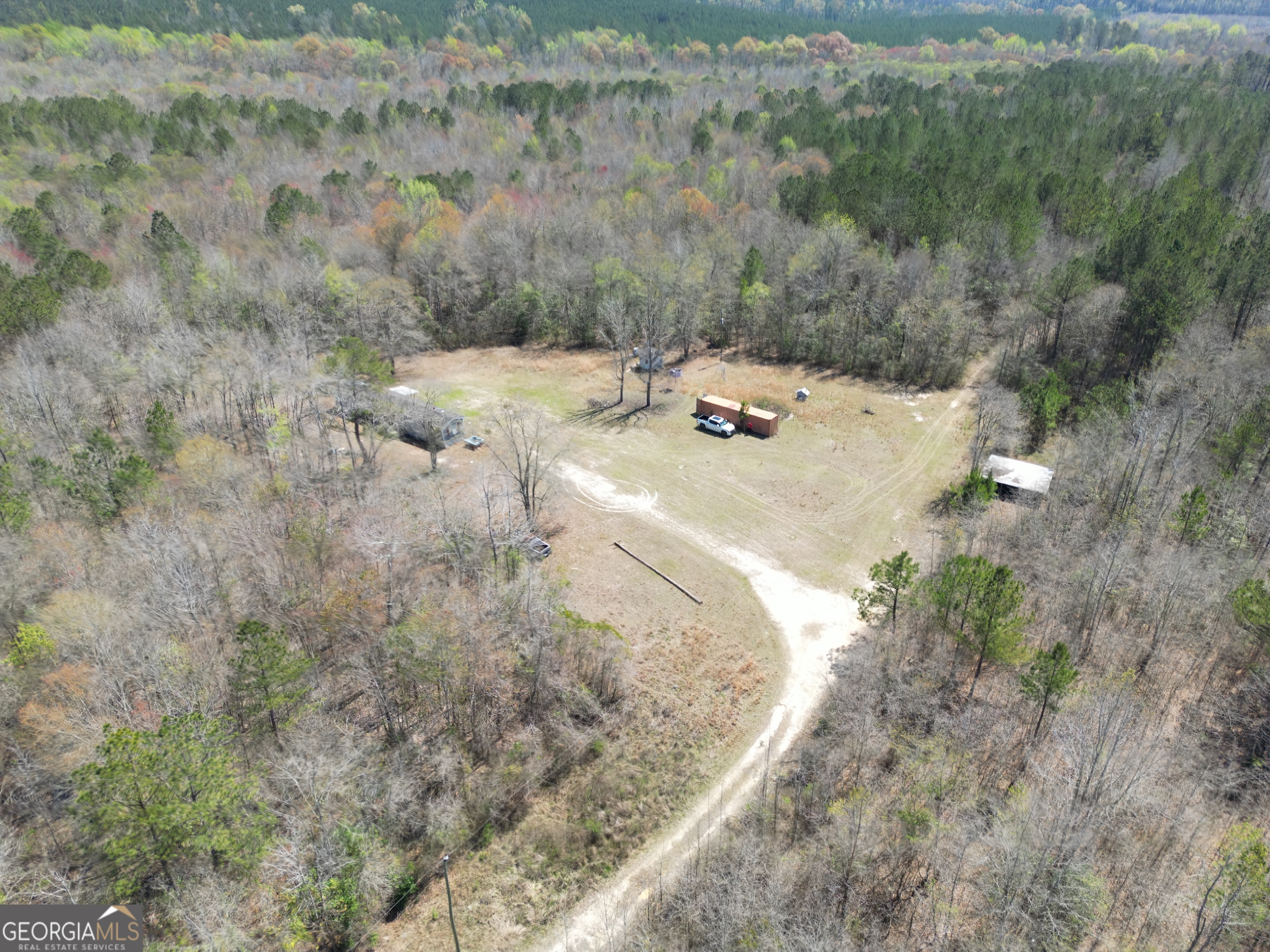 a view of a dry yard with trees