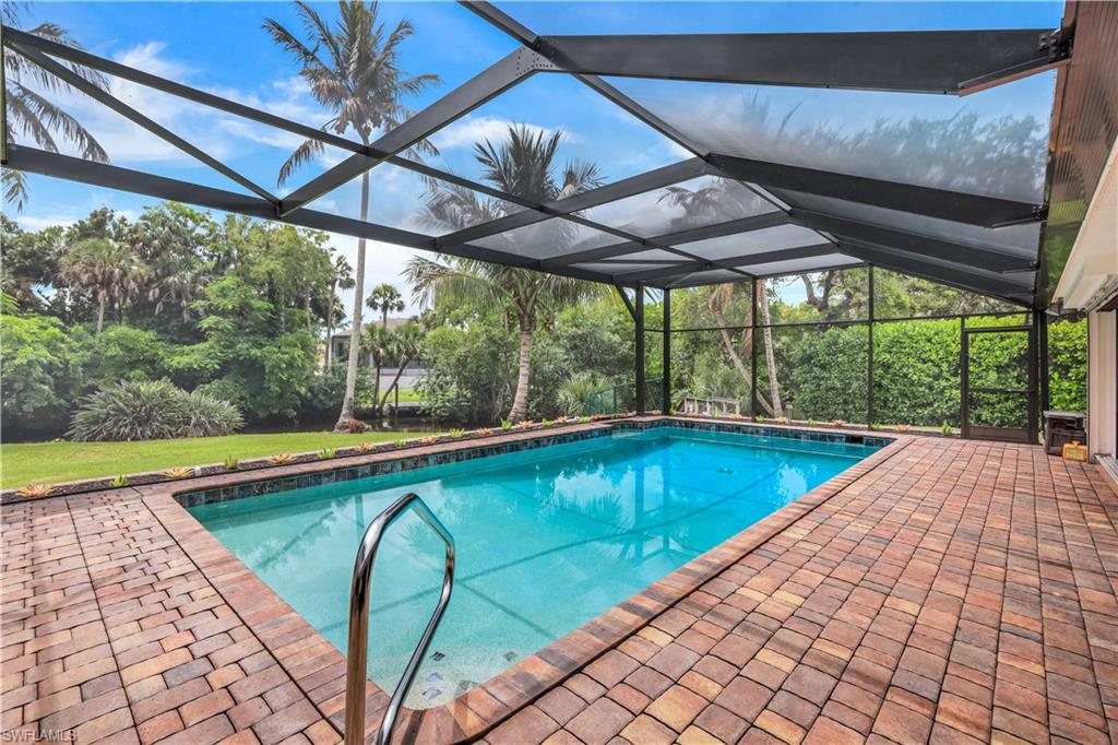 View of pool and panoramic screen.