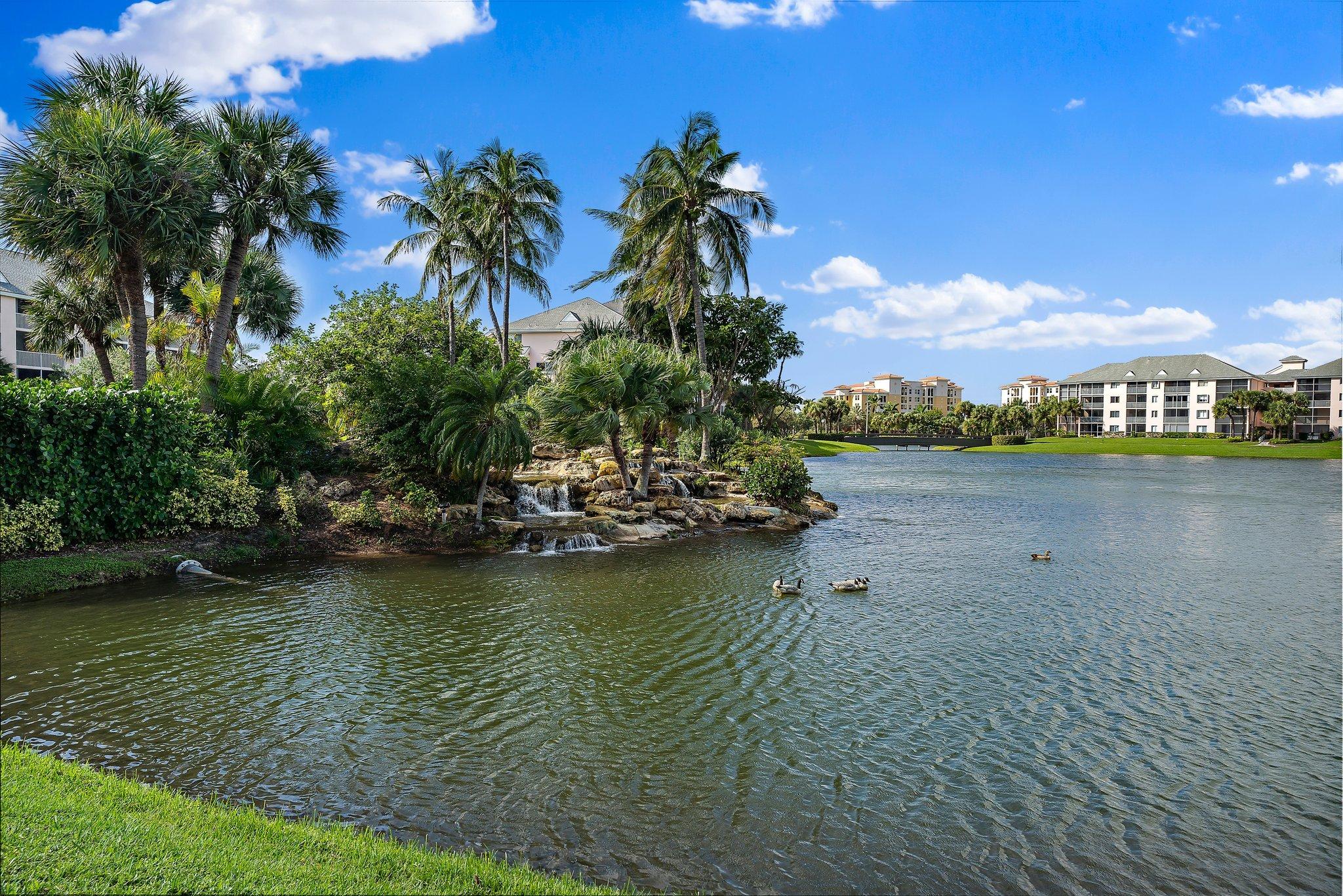 a view of a lake with houses in the back