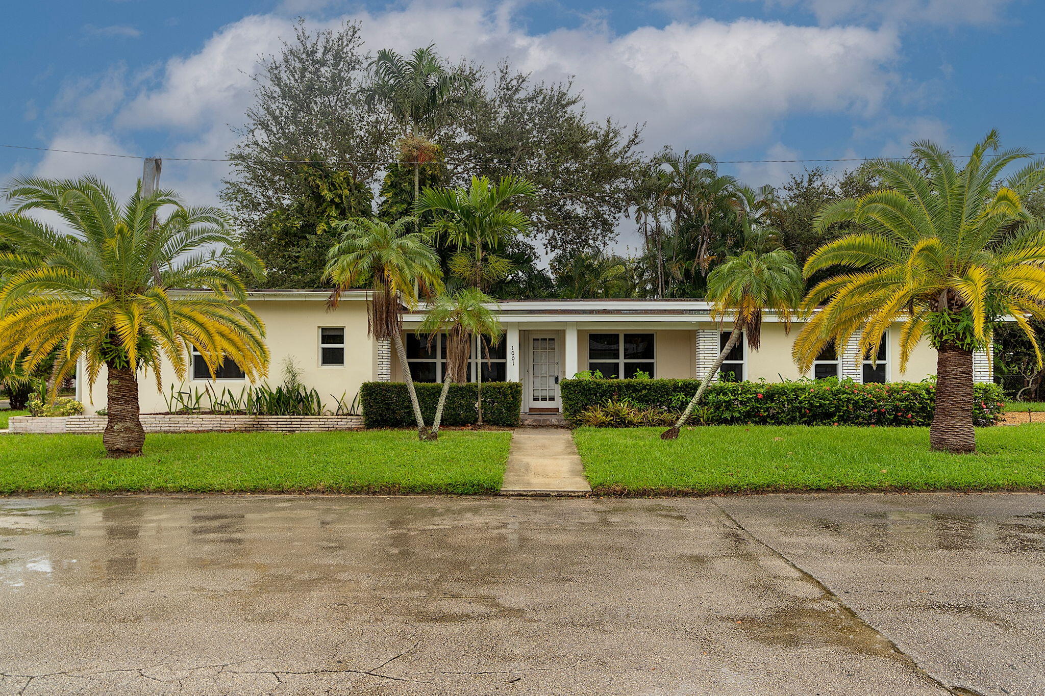 a front view of house with yard and green space