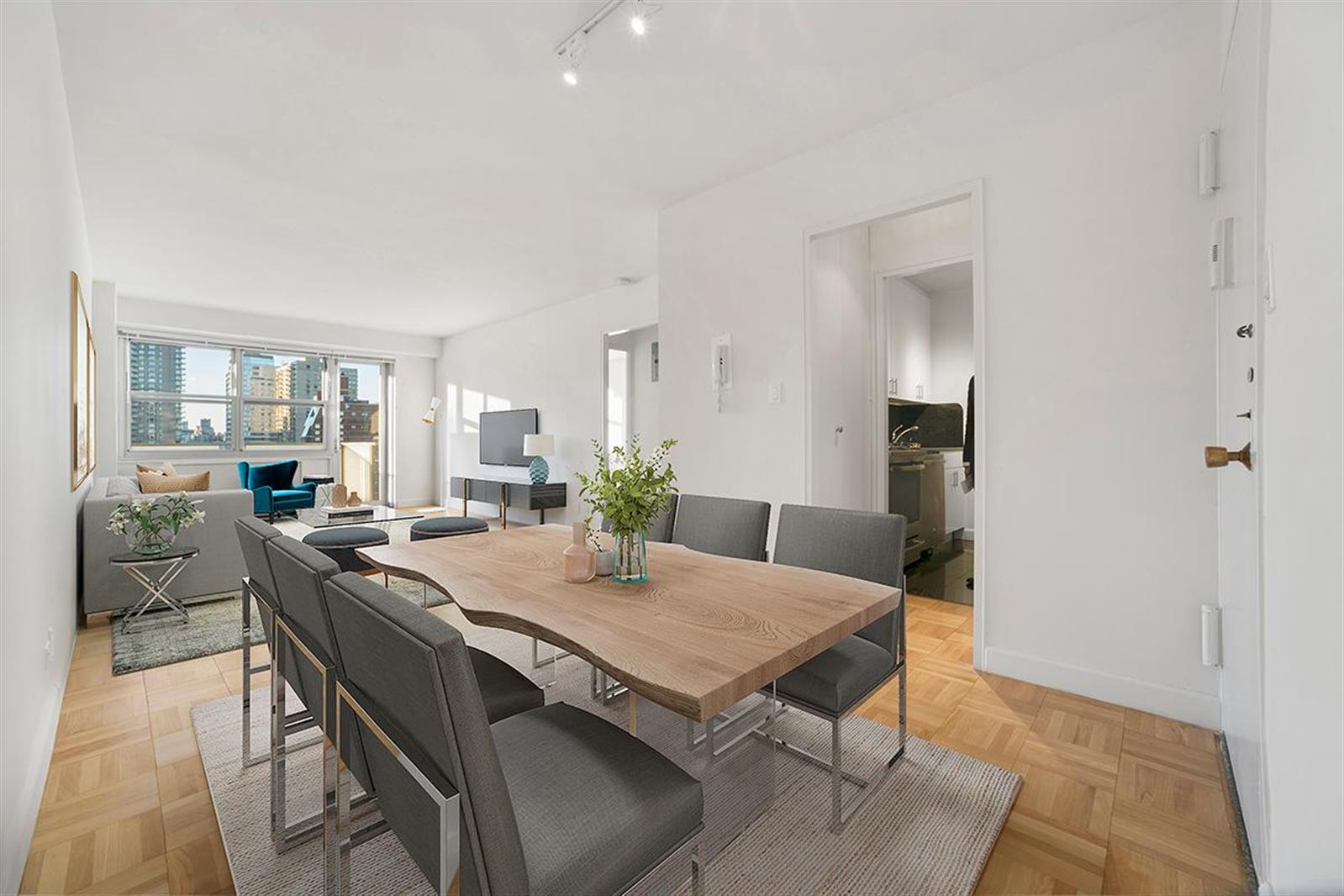 a view of a dining room with furniture