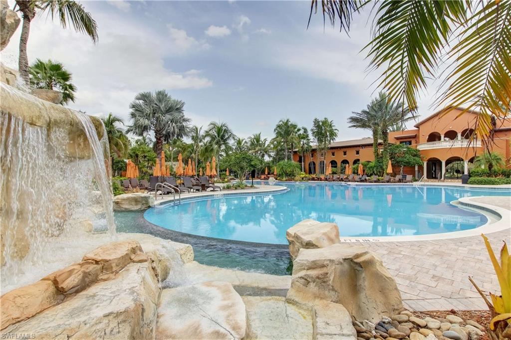 a view of a swimming pool with a lawn chairs under palm trees