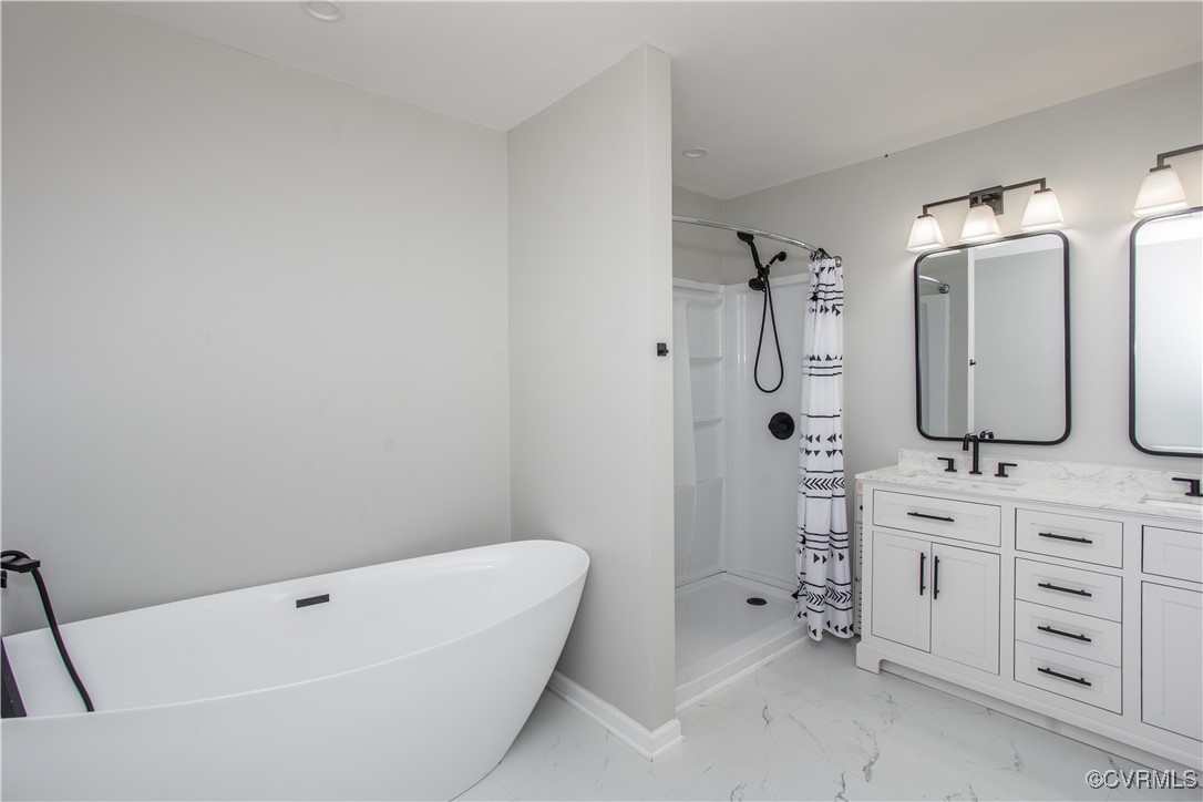 Bathroom with vanity and plus walk in shower