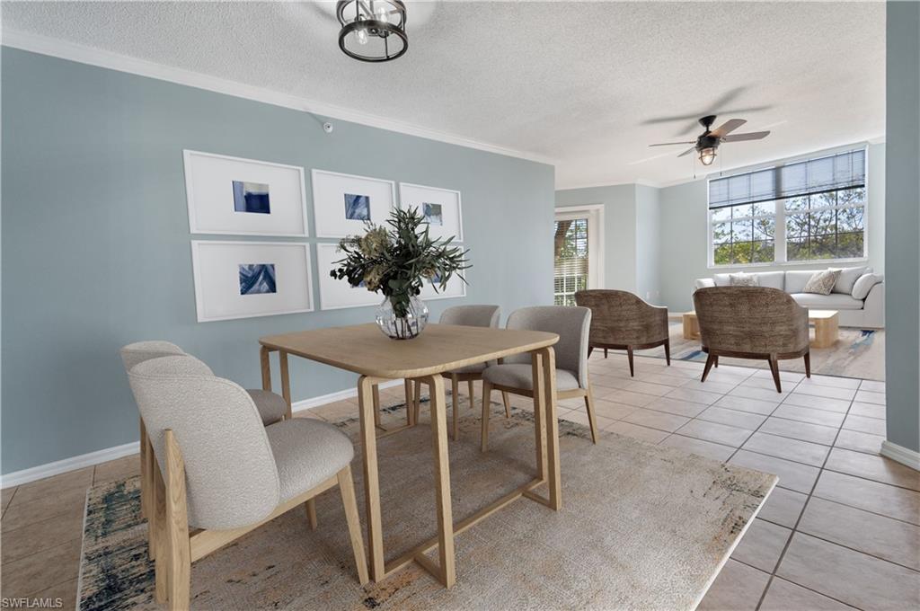 a dining room with furniture and window