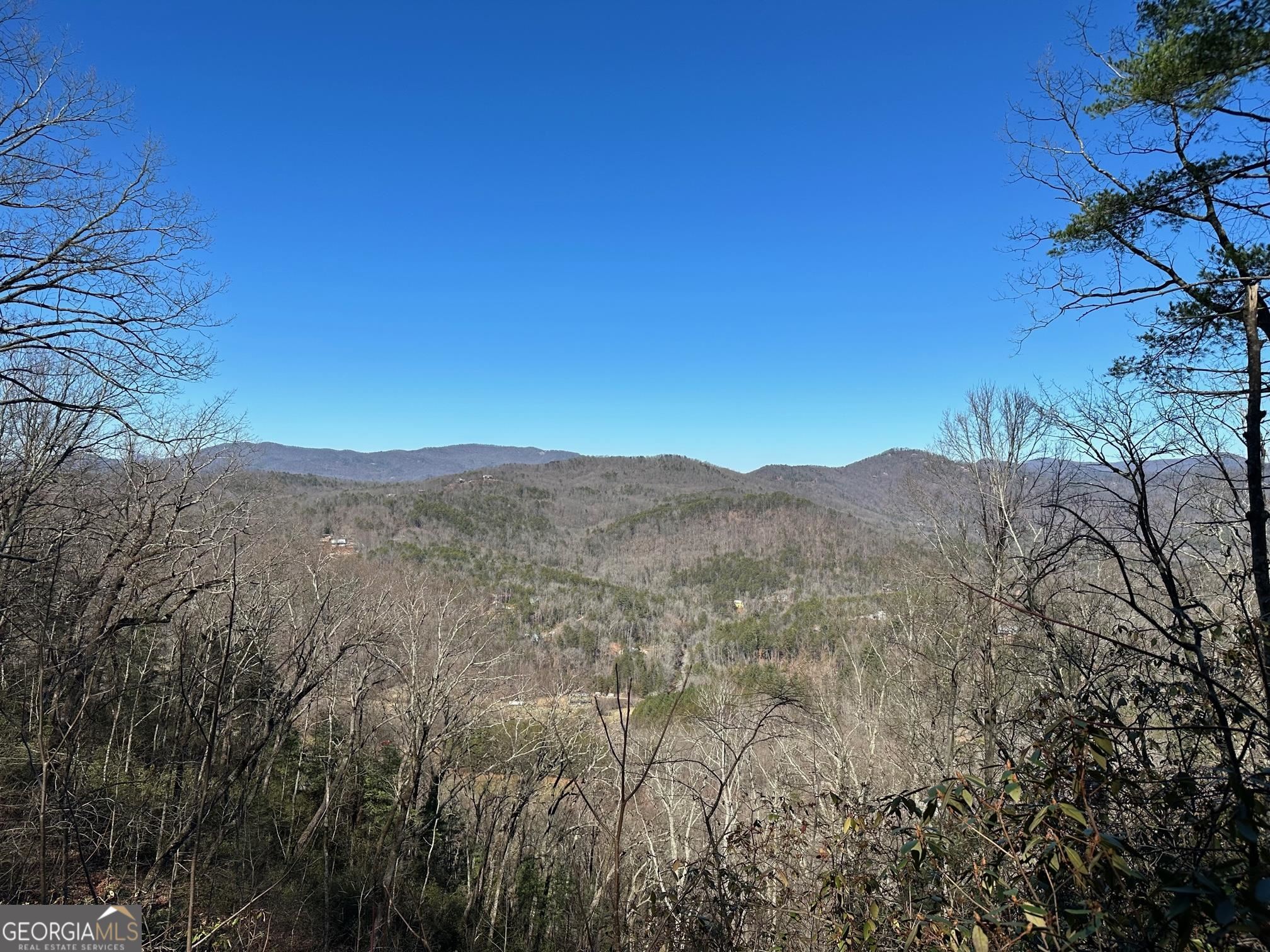 a view of a mountain range with trees in the background