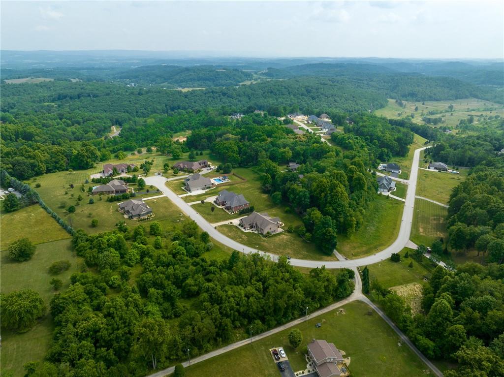 an aerial view of a residential houses with outdoor space and trees