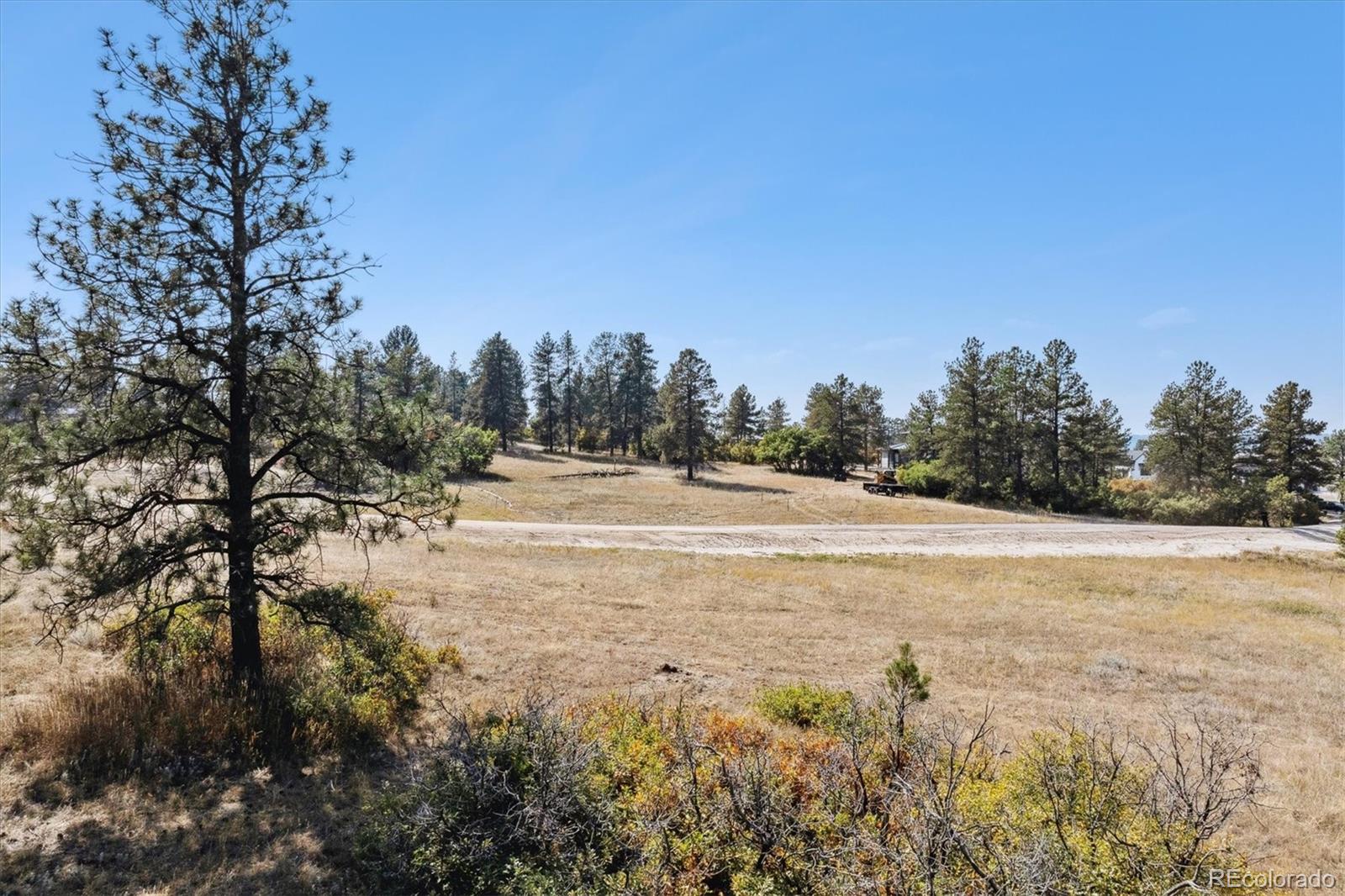 a view of dirt field with trees in the background