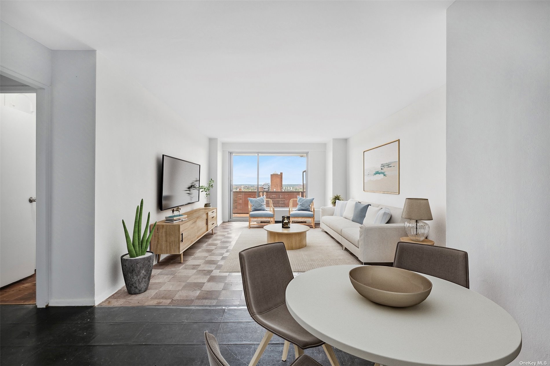 a living room with furniture and a potted plant