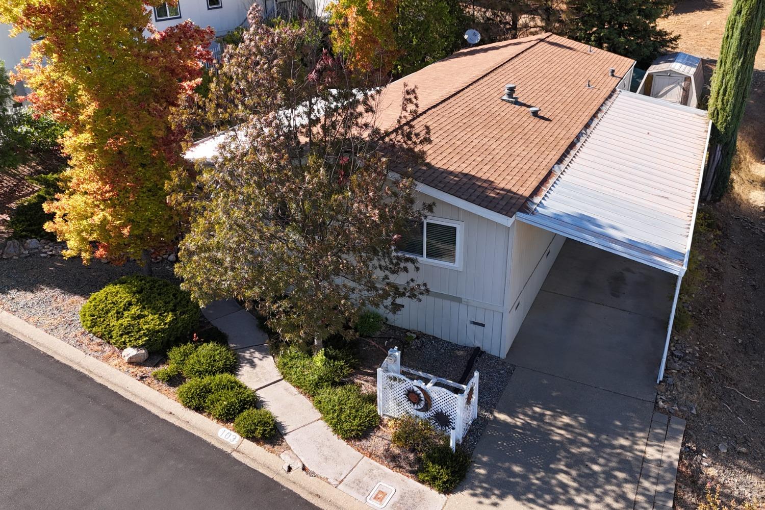 a view of a house with a yard and potted plants