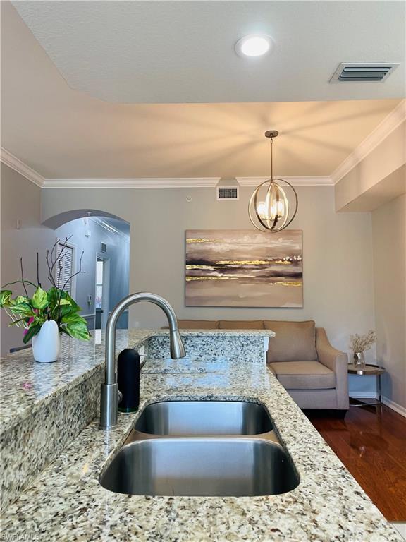 a kitchen with a sink and a potted plant