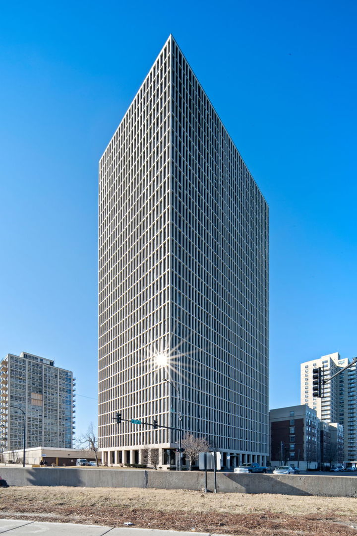 a view of a building with a street