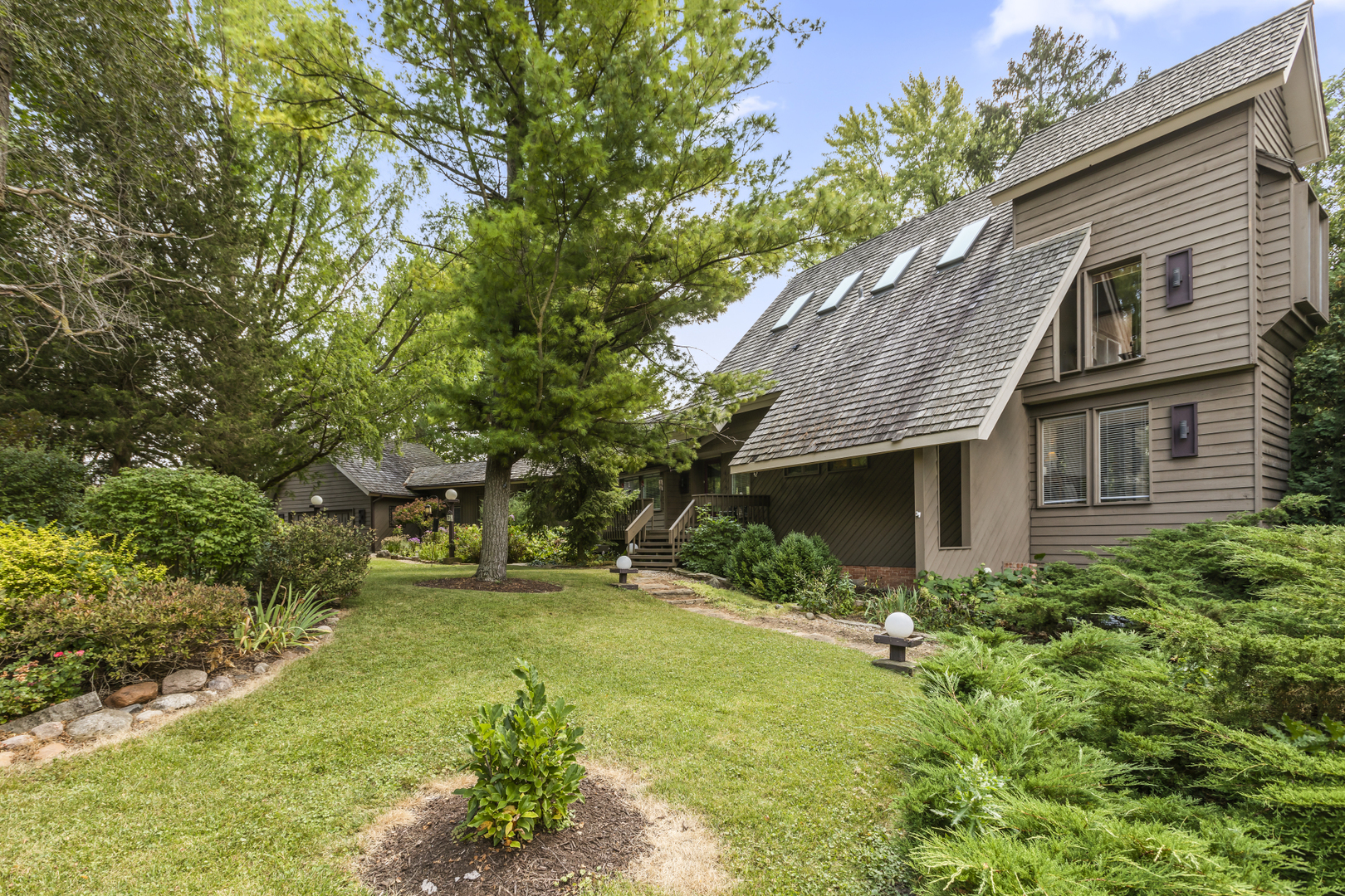 a backyard of a house with plants and large tree