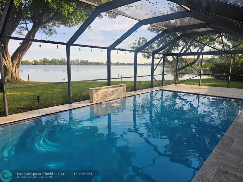 a view of a swimming pool with a yard