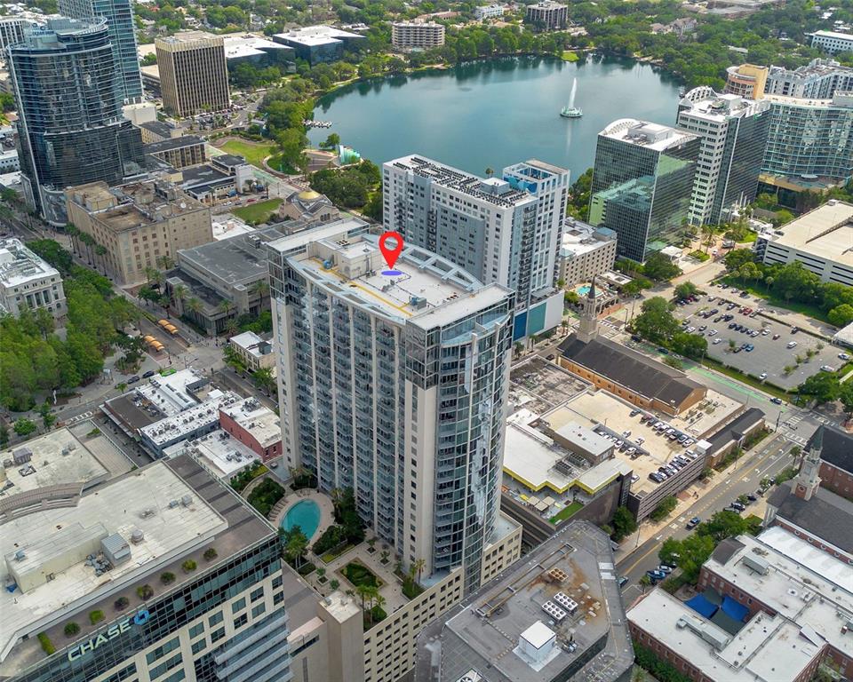 a city view with tall buildings