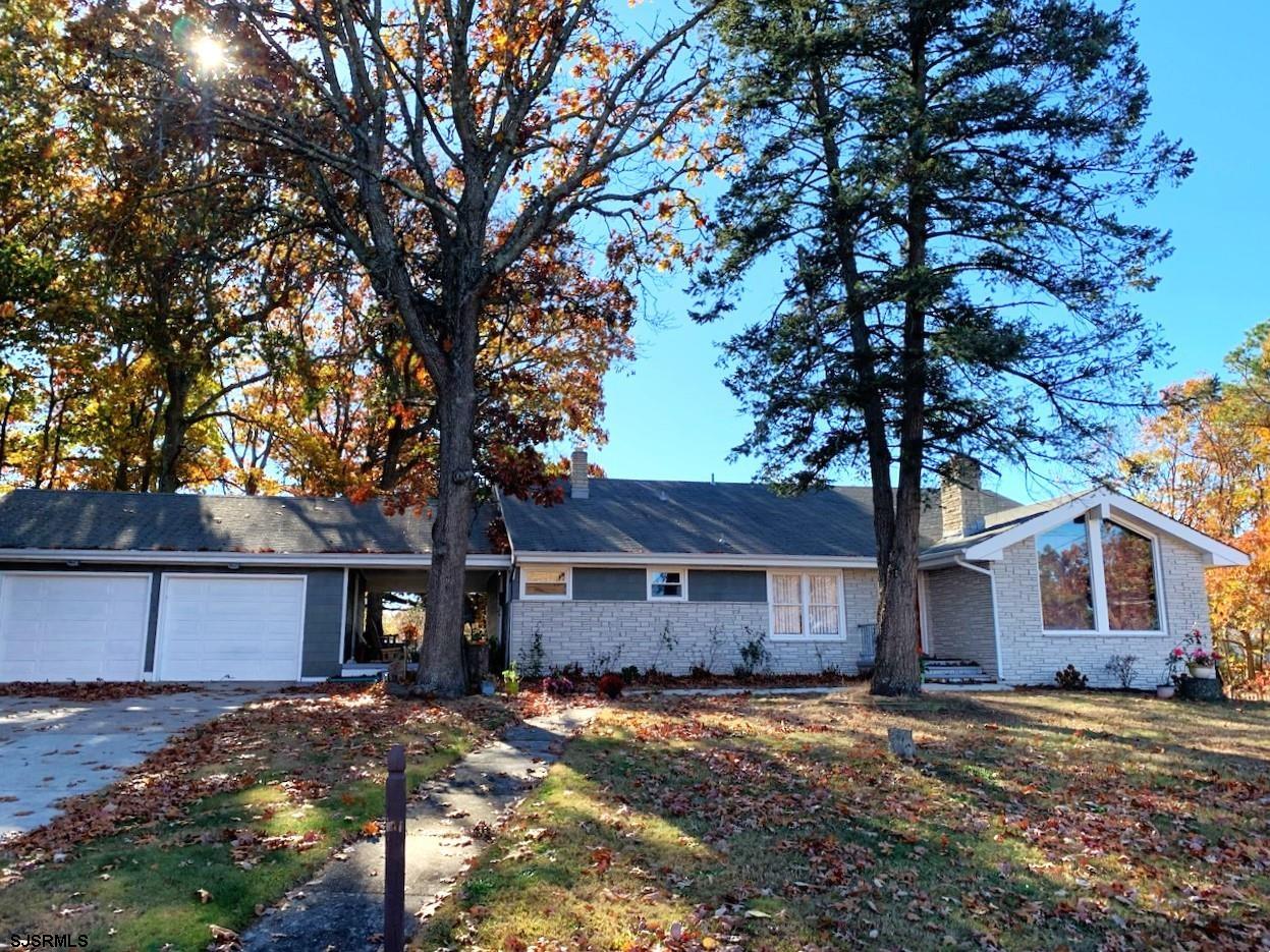 a front view of a house with a yard and tree