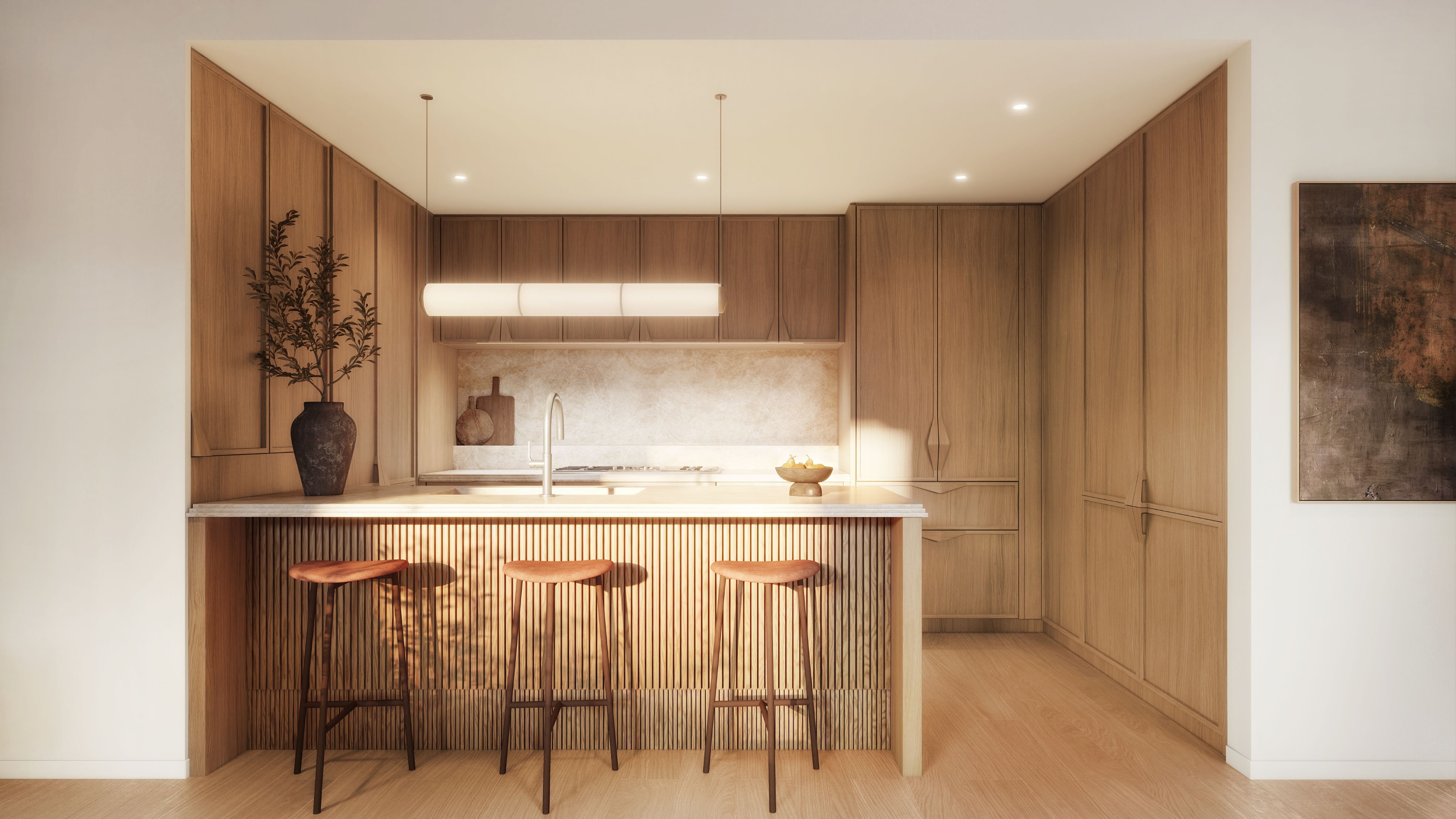 a kitchen with kitchen island a sink counter and chairs