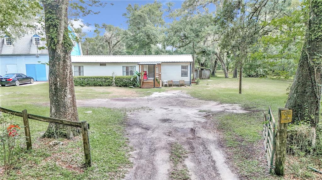 a view of a house with backyard and a tree